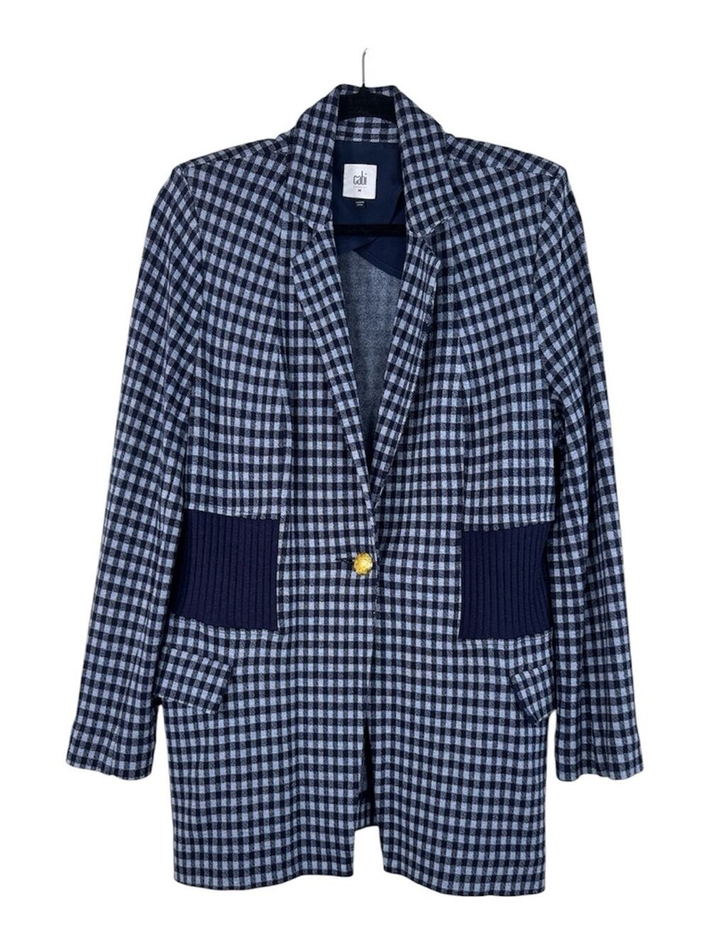 Cabi Blue Plaid Long Line Blazer Jacket Womens M Gold Buttons Preppy Retro Glam